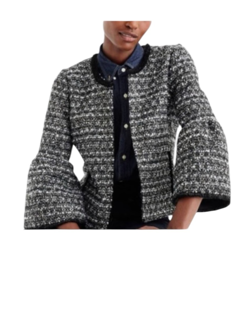 J. Crew Lady Day Black and White sequins Tweed Blazer size 12P, bell sleeves